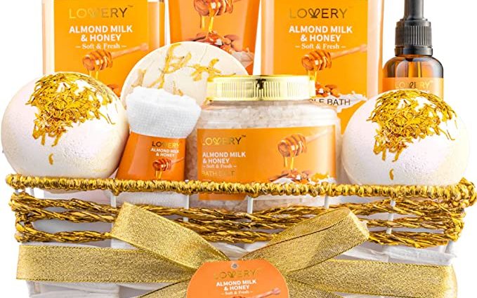 Gift Basket For Women – 10 Pc Almond Milk & Honey Beauty & Personal Care Set - Home Bath Pampering Package for Relaxing Stress Relief - Spa Self Care Kit - Thank You, Birthday, Mom, Mother's Day Gift