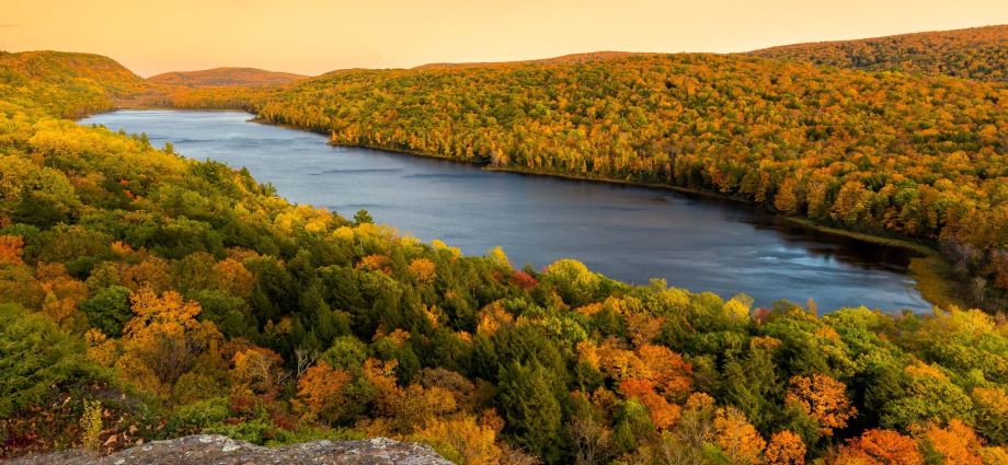 Michigan Upper Peninsula size comparison aerial view of wilderness and shoreline