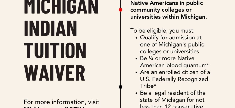 Michigan Indian Tuition Waiver Program The Michigan Indian Tuition Waiver is a program enacted by Public Act 174 of 1976, which waives the tuition costs for eligible Native Americans in public community colleges or universities within Michigan. Applications are processed by the Michigan Department of Lifelong, Education, Advancement, and Potential (MiLEAP).