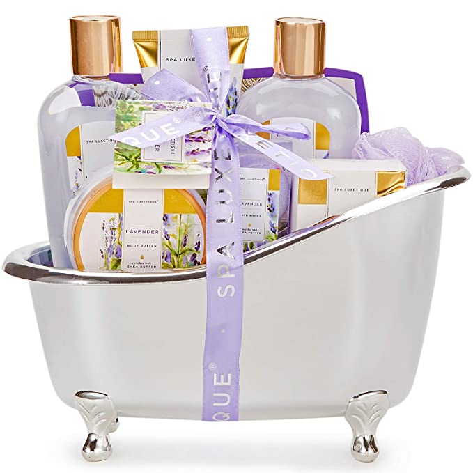 Bath Baskets for Women Gift, Home Spa Gift Basket for Women, Spa Luxetique Lavender Spa Set with Body Lotion, Bath Salt, Bath Bombs, Relaxation Bath Gifts for Women, Mother’s Day Gift Baskets