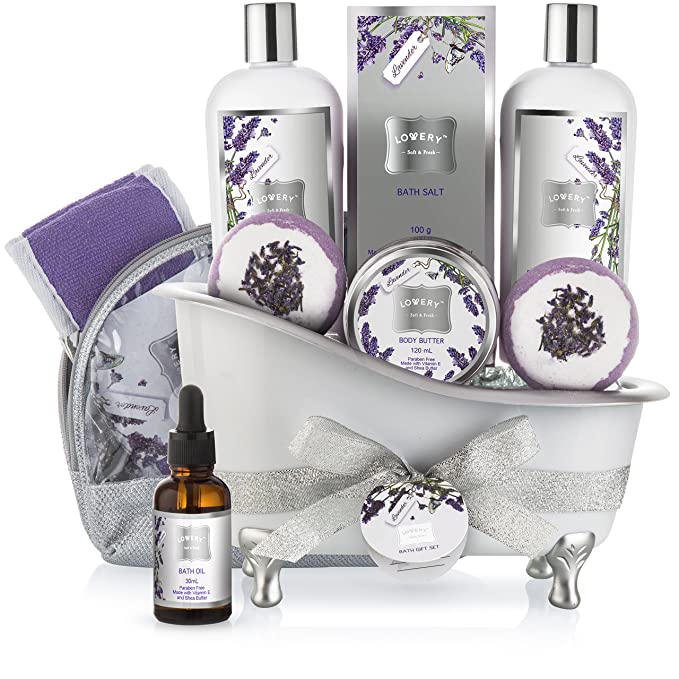 Bath Gift Basket Set for Women Relaxing at Home Spa Kit Scented with Lavender and Jasmine - Includes Large Bath Bombs, Salts, Shower Gel, Body Butter Lotion, Bath Oil, Bubble Bath, Loofah and More