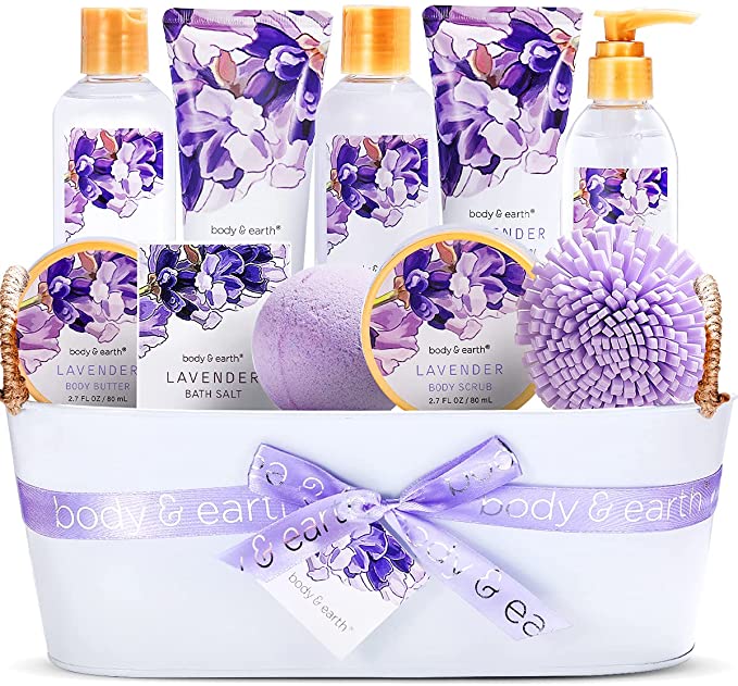 Bath Spa Gift Basket, Body  Earth Spa Gift Baskets for Women 12 Pcs Lavender Scented Spa Gift Set with Shower Gel, Bubble Bath, Bath Salt, Bath Bomb, Body Lotion and More, Mother's Day Gifts for Mom