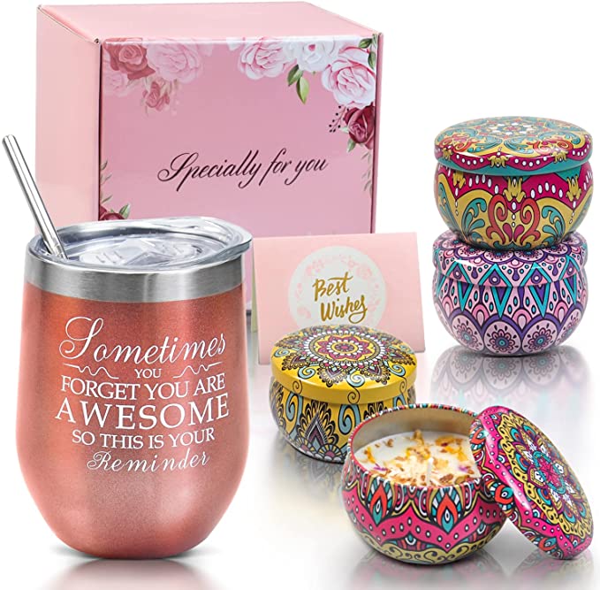 Birthday Gifts for Women Unique Gifts for Women Funny Gifts for Women Mom Best Friend Insulated Wine Tumbler and Candles 4 Pack Gift Set Box Basket