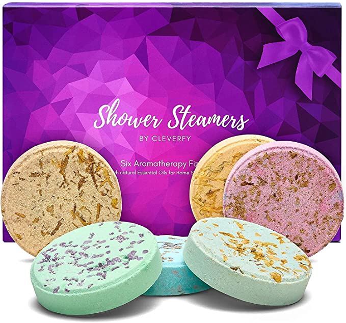 Cleverfy Aromatherapy Shower Steamers - Variety Pack of 6 Shower Bombs with Essential Oils. Mothers Day Ideas for Mom from Daughters. Purple Set Shower Steamer