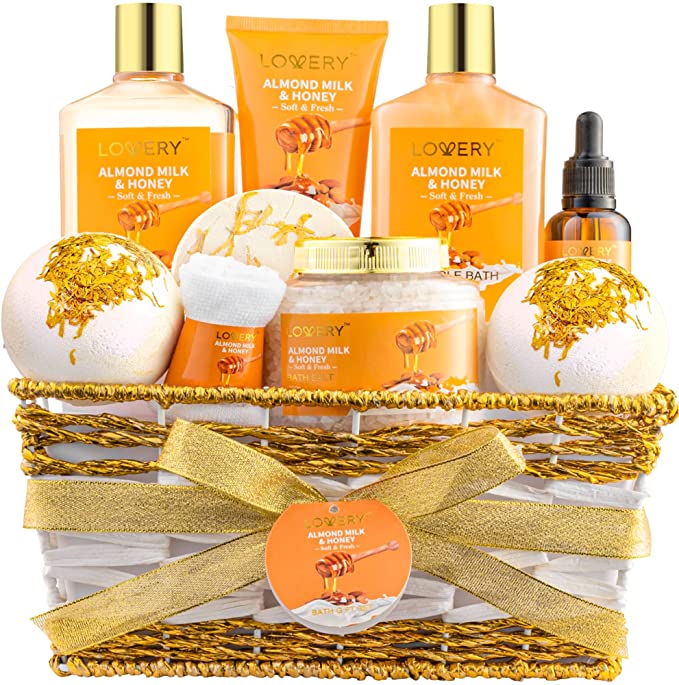 Gift Basket For Women – 10 Pc Almond Milk  Honey Beauty & Personal Care Set - Home Bath Pampering Package for Relaxing Stress Relief - Spa Self Care Kit - Thank You, Birthday, Mom, Mother's Day Gift