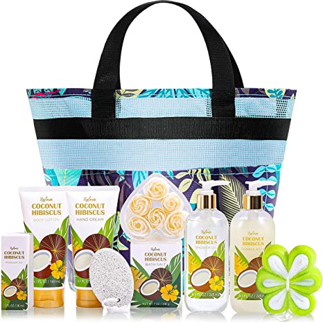 Gift Basket for Women, Coconut Bath and Body Gift Set, Birthday Gifts for Her, 10 Pc Bath Set Includes Bath Salt, Massage Oil, Bubble bath, Spa Tote Bag. Best Relaxation Gift Set for Women