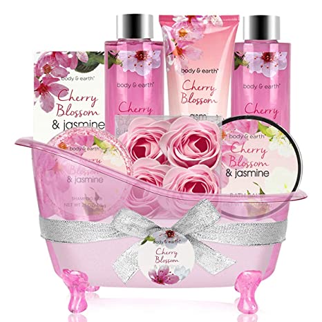 Gift Basket for Women - Spa Gift Baskets BodyEarth 8 Pcs Women Bath Sets with Cherry Blossom & Jasmine Scent Bubble Bath, Shower Gel, Body & Hand Lotion, Bath Salts, Gifts Set for Women