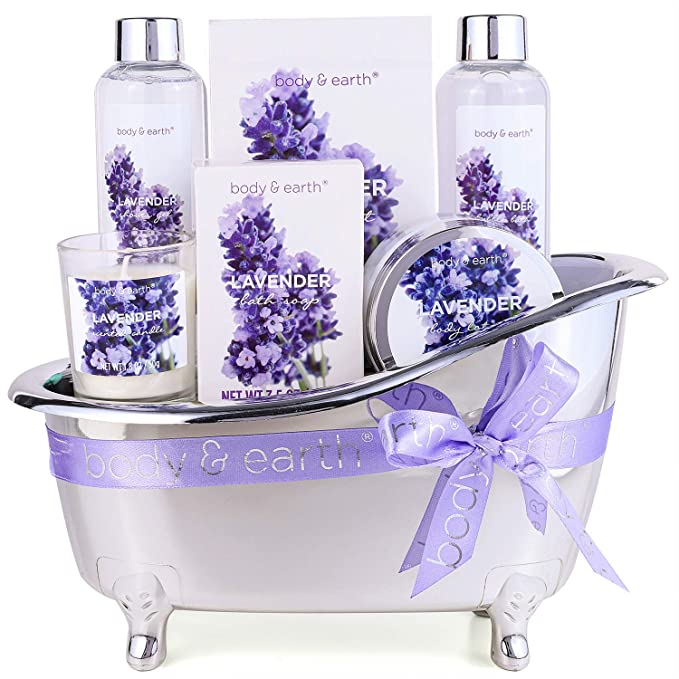 Gift Set for Women, Gift Basket for Women, Body  Earth Women Bath Set 7 Pcs Lavender Spa Basket with Shower Gel, Bubble Bath, Bath Salts, Body Lotion, Scented Candle, Mother's Day Gifts for Mom