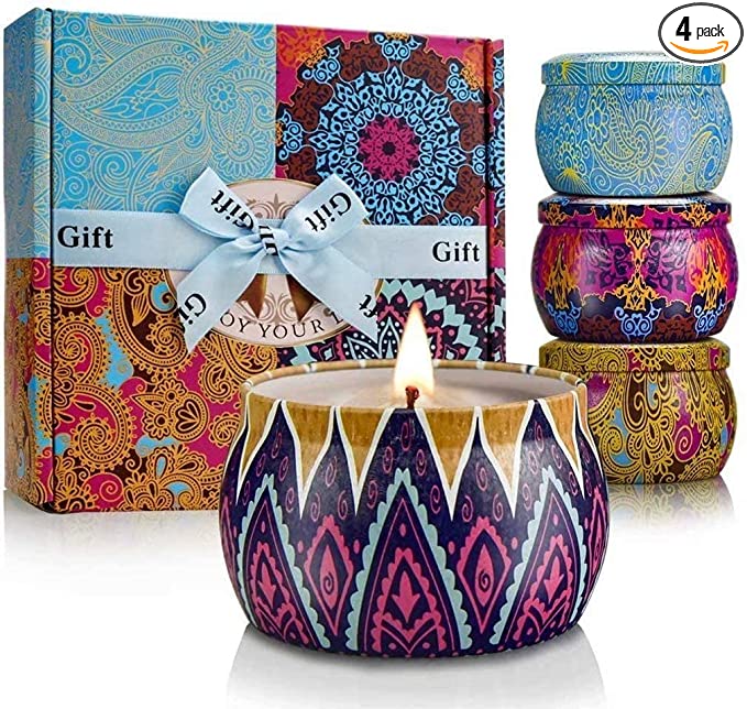 Scented Candles Gift Set, 8% Essential Oil, 4 Pack Aromatherapy Candle, Stress Relief Gifts for Women,120H Burning, Candles for Home Scented, Ideal for Mother's Day