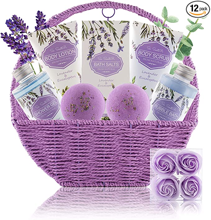 Se SentiR Spa Gift Baskets for Women - Mothers Day Gifts for Mom - Relaxing at Home Spa Kit in Lavender and Eucalyptus - 12 Pc Home Bath Set Body Lotion Bubble Bath Bombs Bath Salts Shower Gel