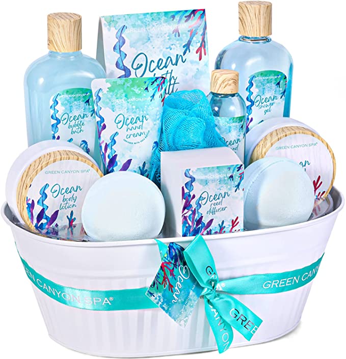 Spa Gift Baskets for Women - 12 Pcs Ocean Scent Bath Set Including Hand Cream Reed Diffuser Shower Gel, Home Spa Kit for Holiday Gifts, Best Women Gifts Box for Birthday Valentine's Day Christmas