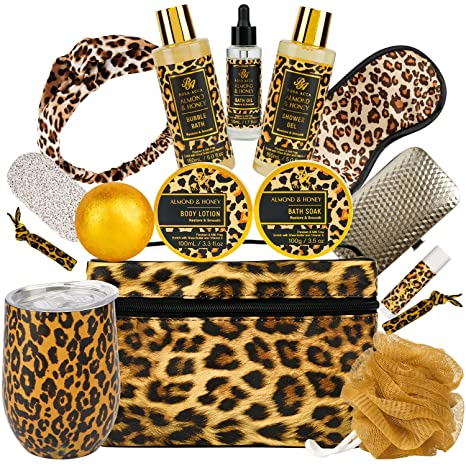 Spa Gifts Baskets for Women, 16pcs Almond Honey Home Spa Set with Leopard Print Makeup Bag, Luxury Home Spa Kit Gift Set for Valentine's Day Mother's Day Birthday, Best Gift for HerMon