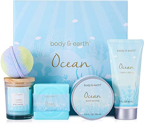 Spa Gifts for Women, Bath and Body Set with Ocean Scented Spa Gifts Box for Her,Includes Scented Candle, Body Butter, Hand Cream, Bath Bar and Bomb,5 Pcs Bath Set, Gifts Set for Women