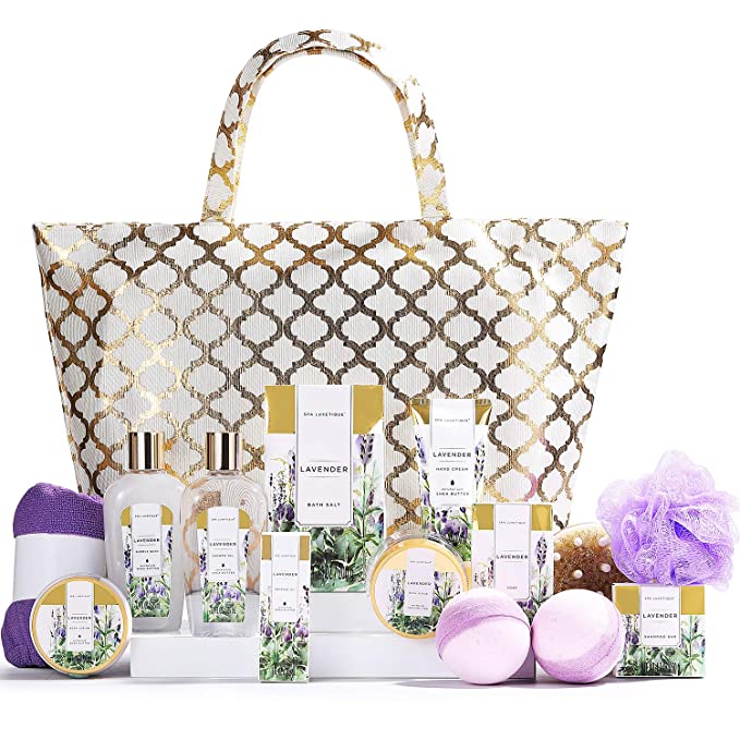 Spa Luxetique Spa Gift Basket, Gift Set for Women - 15pcs Lavender Spa Baskets, Relaxing Spa Kit Includes Bubble Bath, Bath Bombs, Massage Oil, Bath Set for Women Gifts, Mother's Day Gift Baskets