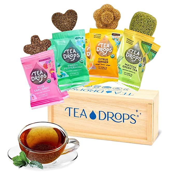 Tea Drops Party Pack of 8 Lightly Sweetened Loose Leaf Bagless Tea - On the Go Tea Assortment Including Matcha, Rose Earl Grey, Citrus Ginger and Peppermint - Tea Gift Set