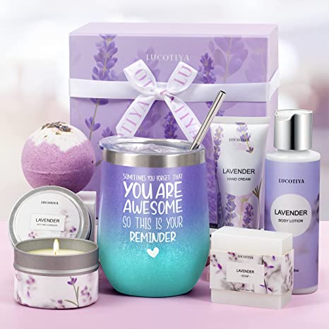 Mother's Day Gifts for Women Bath and Body Works Gifts Set for Women Spa Gifts Baskets for Women Bubble Bath for Women Lavender Gifts for Women,Mom,Her,Sister,Wife,Auntie Wine Tumbler Purple Womens Gifts