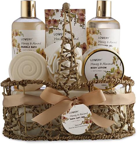 Mothers Day Home Spa Gift Basket - Honey  Almond Scent - Luxury Bath & Body Set For Women and Men With Shower Gel, Bubble Bath, Body Lotion, Bath Salt, Bath Bomb, Bath Puff & Handmade Weaved Basket