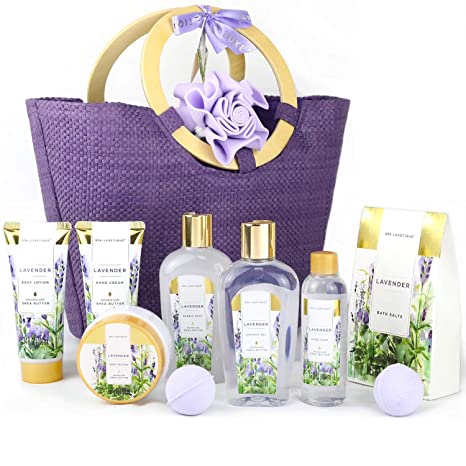 Spa Luxetique Gift Baskets for Women, Spa Gifts for Women - 10pcs Lavender Bath and Body Gift Set with Bath Bomb, Body Lotion, Bubble Bath, Relaxing Spa Baskets for Women, Gifts for Women